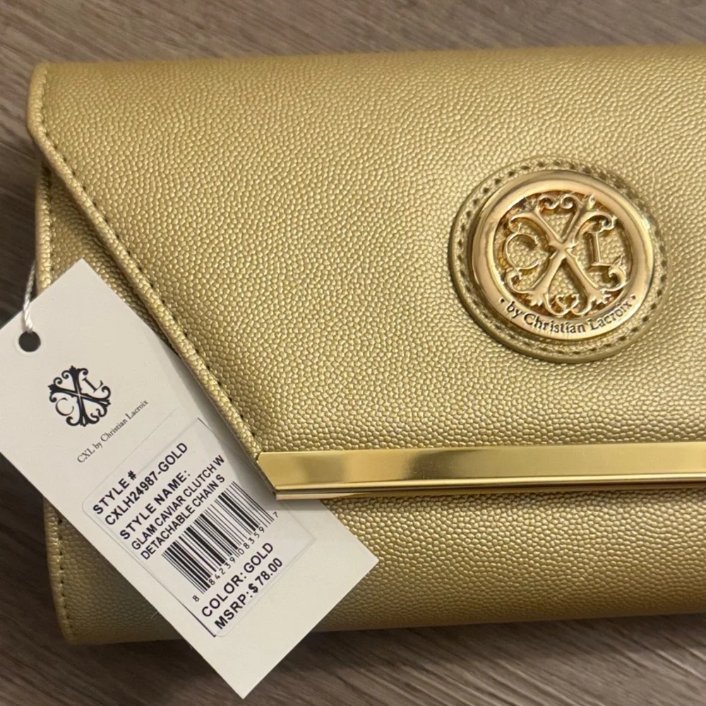 Christian Lacroix Glam Gold Caviar Clutch W/ Crossbody Chain 9” x 5” x 1” NEW ❣️